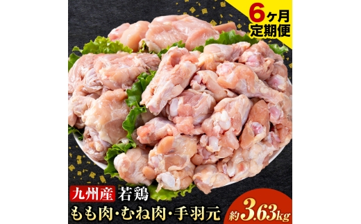 【6ヶ月定期便】 九州産 若鶏もも肉(310g×3袋) ムネ肉(600g×2袋) 手羽元 セット(500g×3袋) 計3.63kg 鶏肉 肉 鶏 手羽 手羽元 唐揚げ 詰め合わせ セット 冷凍 九州 国産 熊本県 菊池市 送料無料《お申し込みの翌月から出荷》
