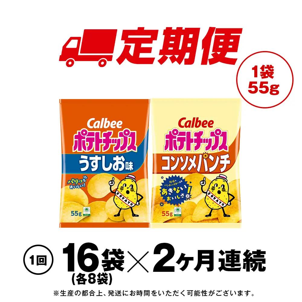 【定期便2カ月】カルビーポテトチップス 2種セット うすしお・コンソメパンチ 各8袋 《千歳工場製造》