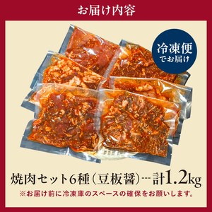 焼肉セット6種（豆板醤）【195015 】 味付け 豆板醤 簡単 1.2kg BBQ バーベキュー 牛モモ 牛カルビ 牛ウデ 牛肩ロース 牛さがり 鶏もも 小分け 冷凍保存