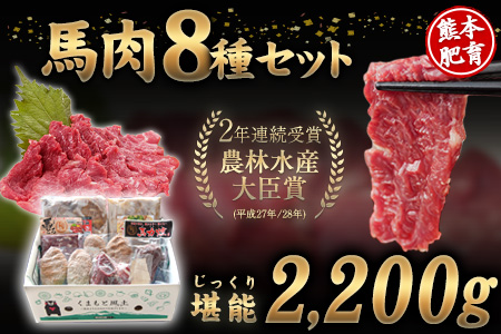 純国産馬肉8種セット 計2200g《60日以内に出荷予定(土日祝除く)》 熊本肥育 2年連続農林水産大臣賞受賞 送料無料 馬刺し 馬肉 馬スジ ホルモン 燻製 霜降り ハンバーグ 熊本県長洲町