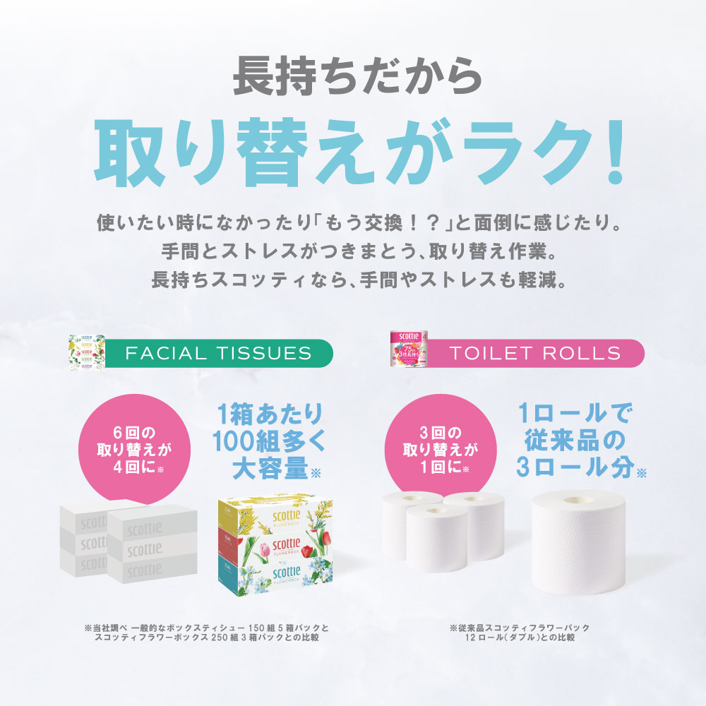 【定期便3回】【スコッティ】ティシュー フラワーボックス 250組（5箱パック×2セット・3箱パック×2セット）＋フラワーパック 3倍長持ち（4ロール(ダブル)パック×4セット）_イメージ3