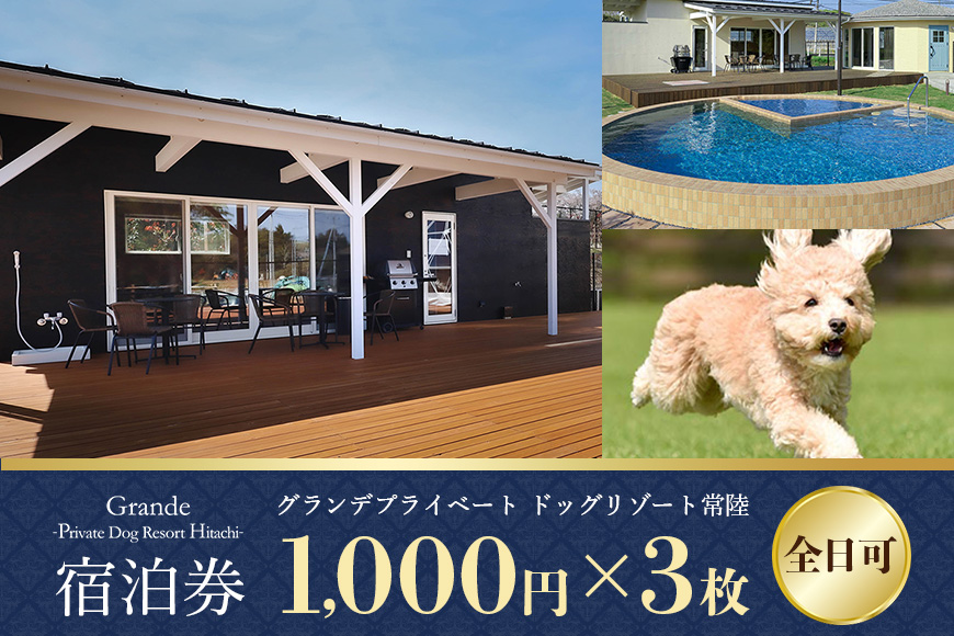 グランデ プライベート ドッグリゾート常陸宿泊券 1,000円×3枚（全日可） 72-F