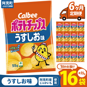 【6回定期便】カルビー ポテトチップスうすしお味 （55g） 16個｜Calbee お菓子 菓子 おやつ おかし ぽてち ポテチ スナック おつまみ ジャガイモ じゃがいも（93-03）