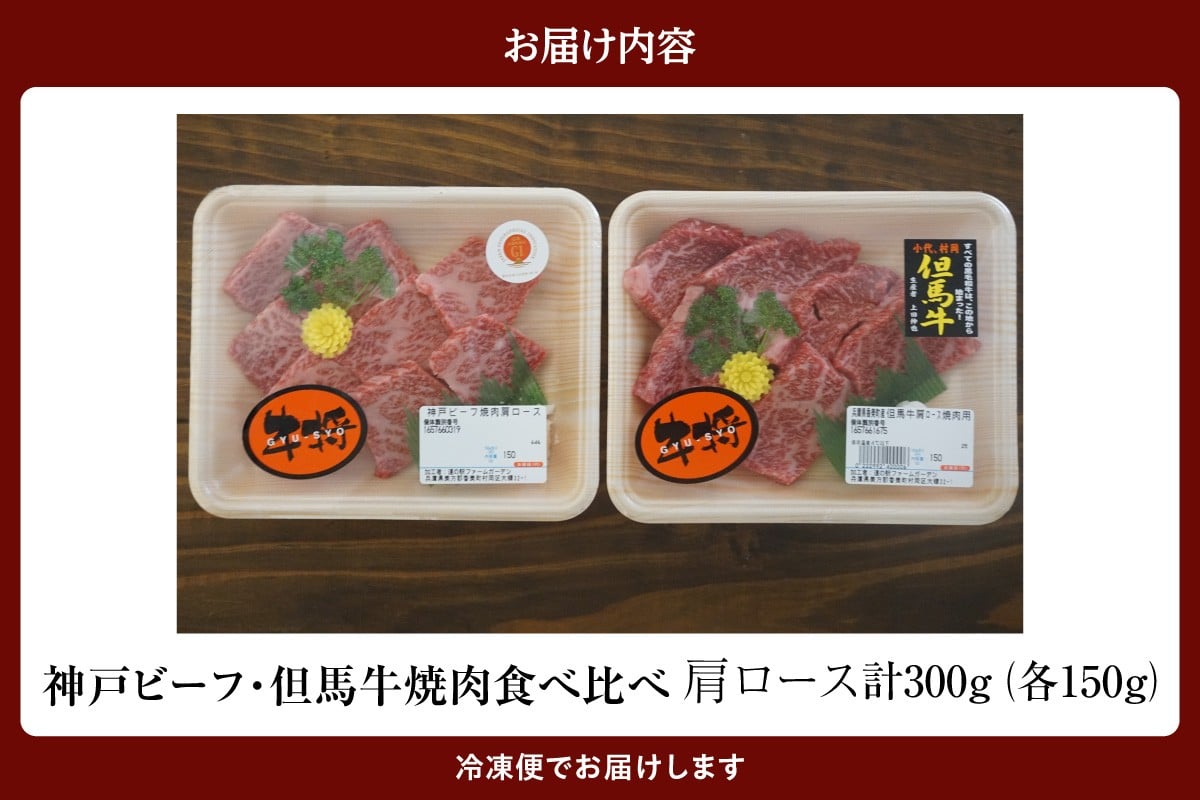 【お届け内容】
・神戸ビーフ/但馬牛 焼肉肩ロース食べ比べ 各150g（計300g）