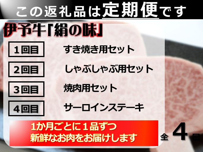 ４か月の間、毎月伊予牛「絹の味」セットをお届けします。