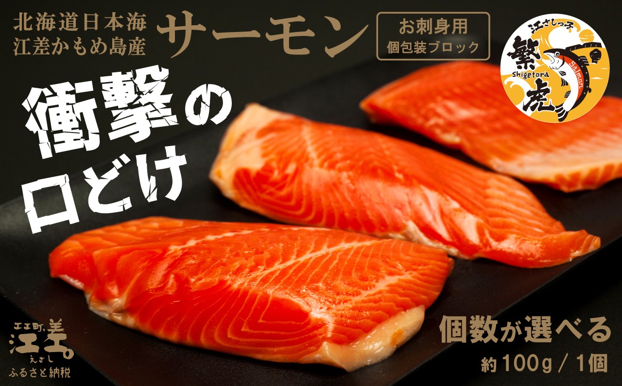 
                  ＼配送月指定可／北海道産 サーモン お刺身用ブロック  〈個数が選べる〉 100グラムパック個包装　日本海 かもめ島海面養殖　純国産 ブランドサーモン『江さしっ子 繁虎』　衝撃の口どけ　とろける脂　生食可　冷凍　小分け　個包装　トラウトサーモン　刺身　サーモンステーキ　カルパッチョ　海鮮　鮭　さけ　シャケ　しゃけ　さーもん　のし対応可　贈答用　ギフト　お中元　お歳暮
                