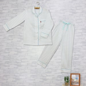 22-35 オーガニックコットンＷガーゼチェックレディスパジャマ【播州織使用】　サックス・Lサイズ