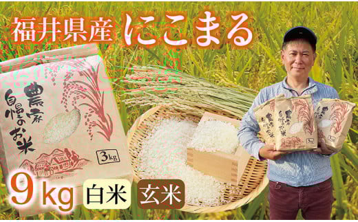 〈先行予約・新米〉にこまる 9kg(3kg×3袋) ／令和8年 福井県産 （玄米）2026年11月発送 少量サイズ便利