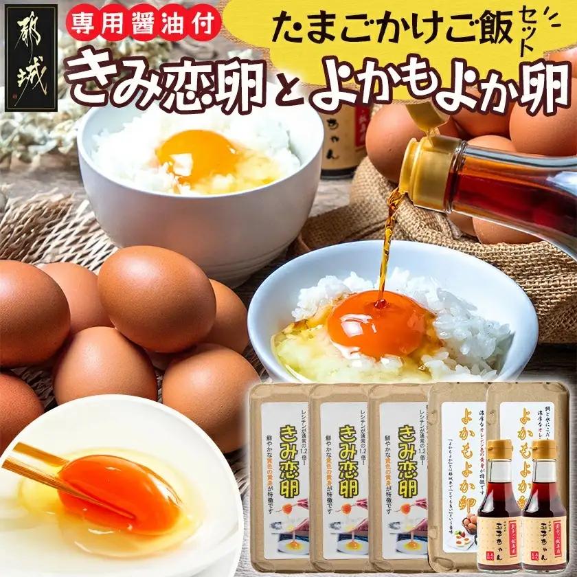 「きみ恋卵」と「よかもよか卵」のたまごかけご飯セット_AO-29-002_(都城市) きみ恋卵 よかもよか卵 Ｍサイズ たまごかけご飯専用醤油「玉子ちゃん」 甘口 卵かけご飯 朝ごはん 朝食
