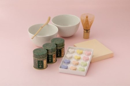 ハートのお抹茶セット(宇治抹茶30g×3種、和三盆糖、抹茶碗セット) 抹茶 和菓子 京都