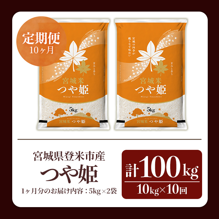≪令和7年産≫【10回定期便】つや姫 計100kg(10kg×10回配送) 登米市産 お米 おこめ 米 コメ 白米 ご飯 ごはん おにぎり お弁当 10か月 頒布会【登米ライスサービス株式会社】tm4