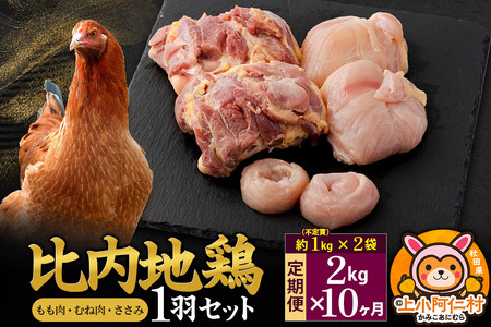 【定期便10ヶ月】比内地鶏 1羽セット(もも・むね・ささみ) 約2kg(不定貫約1kg×2袋) 2キロ 国産 冷凍 正肉 鶏肉 鳥肉
