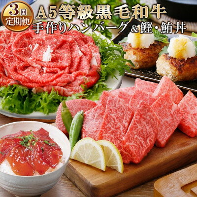 【ふるさと納税】【レビューキャンペーン】_定期便(3回配送)枕崎お楽しみ便(A5黒毛和牛・手作りハンバーグ・まぐろ　かつお丼) LL-6005_ 黒毛和牛 ハンバーグ マグロ かつお 丼 A5 定期便 食べ比べ 鹿児島 枕崎 冷凍 人気 【配送不可地域：離島】【1462804】