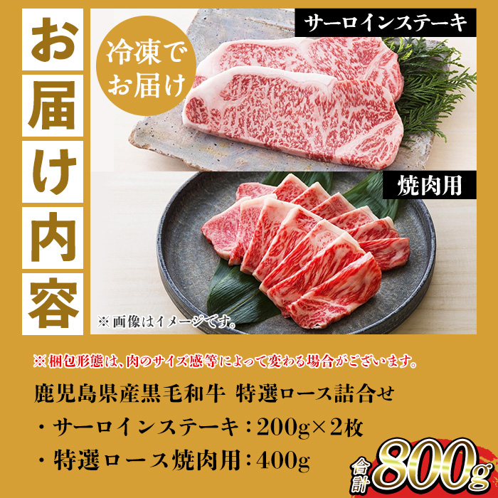 鹿児島県産黒毛和牛 ＜A4等級以上＞サーロインステーキ・特選ロース焼肉用 (2種・合計800g) 牛肉 肉 黒毛和牛 国産 国産牛 九州 鹿児島 鹿児島県産 サーロイン ステーキ ロース ロース肉 焼
