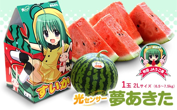 
            数量限定 秋田県 羽後町産 スイカ 光センサー夢あきた 2Lサイズ1玉(約7kg) すいか 美少女パッケージ JAうご 果物 フルーツ デザート スイカ割り 夏の果物
          