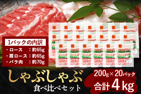 鹿児島県産 ひかり麦豚 しゃぶしゃぶ 食べ比べセット 4kg （200g×20パック） トレーなし 冷凍 | 肉 お肉 にく 豚肉 黒豚 かごしま黒豚 ロース 肩ロース バラ肉 スライス 冷凍 真空冷