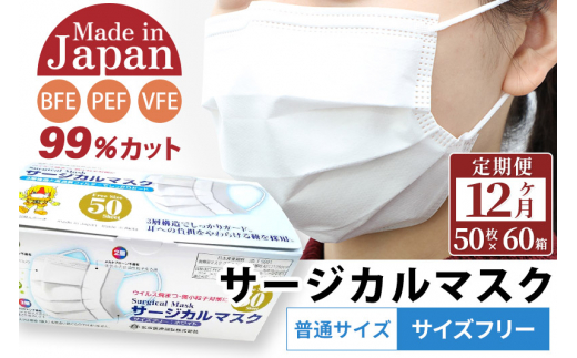 
《定期便12ヶ月》国内製造 高性能サージカルマスク 普通サイズ 50枚入り×60箱 (合計3,000枚)×12回 12か月 12ヵ月 12カ月 12ケ月
