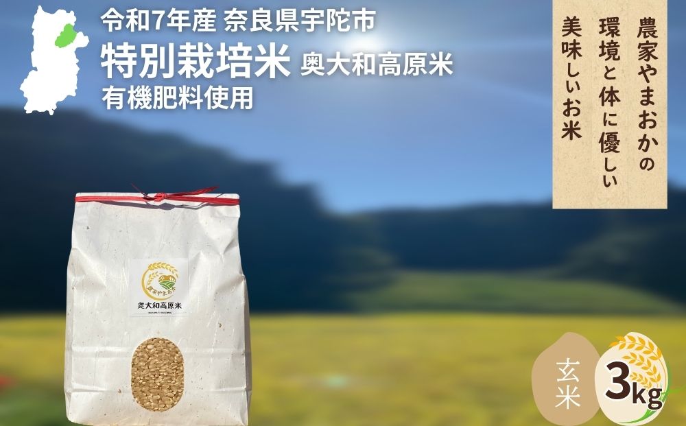 ＜令和7年産・先行予約＞★特別栽培米★玄米３kg ９月末より順次発送 ／ ふるさと納税 無農薬 米 お米 こめ コメ 国産 新米 玄米 農家やまおか 奈良県 宇陀市