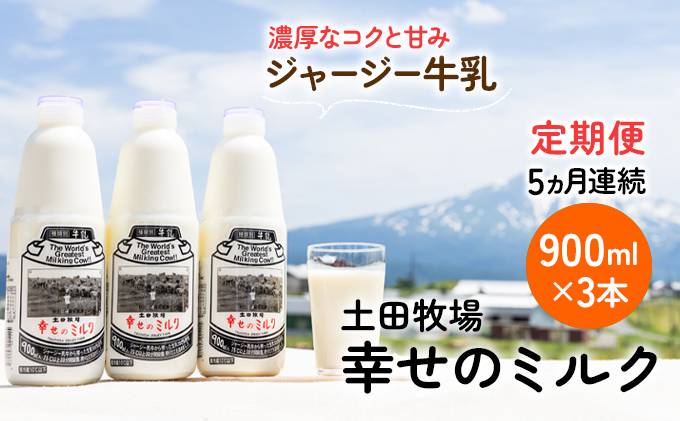 定期便 5ヶ月 幸せのミルク 900ml 3本 ジャージー牛乳 土田牧場 ミルク 牛乳 低温殺菌牛乳  健康 栄養豊富 冷蔵 秋田 秋田県 にかほ市 定期