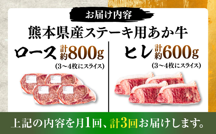 【全3回定期便】熊本県産 あか牛 ステーキ用ヒレ肉(約600g)、ロース肉(約800g) 計約1.4kg / 牛肉 国産 セット 食べ比べ【合同会社 たべたせいか】 [BHBY029]