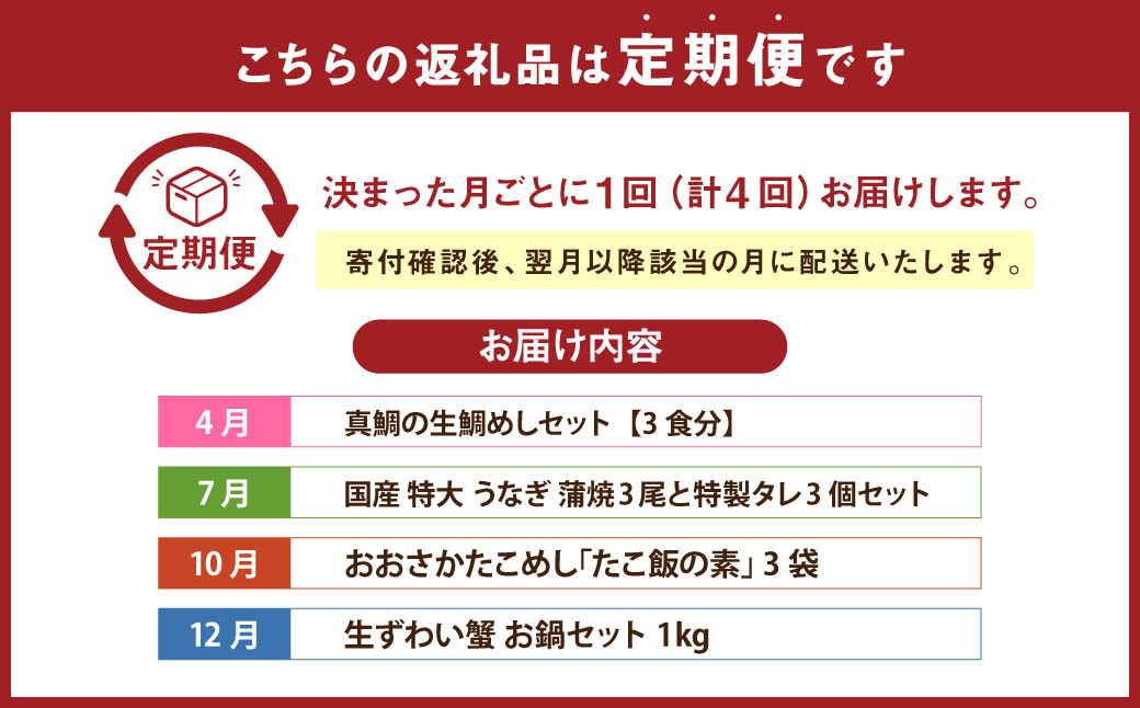 【発送月固定定期便】【はんなん旨いもん】定期便（鯛めし・うなぎ蒲焼・たこ飯・かに鍋）全4回