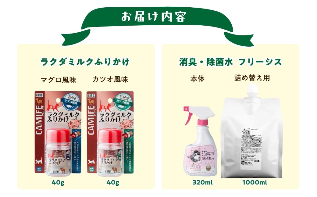 猫ちゃん健康セット　ラクダミルクふりかけ　猫用消臭・除菌水