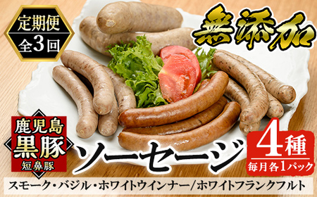 a010-B 【3回定期便】鹿児島黒豚「短鼻豚」無添加ソーセージ4種詰め合わせ(4種各1パック×3回)【鹿児島ますや】姶良市 ウインナー ウィンナー フランクフルト 豚肉 おかず