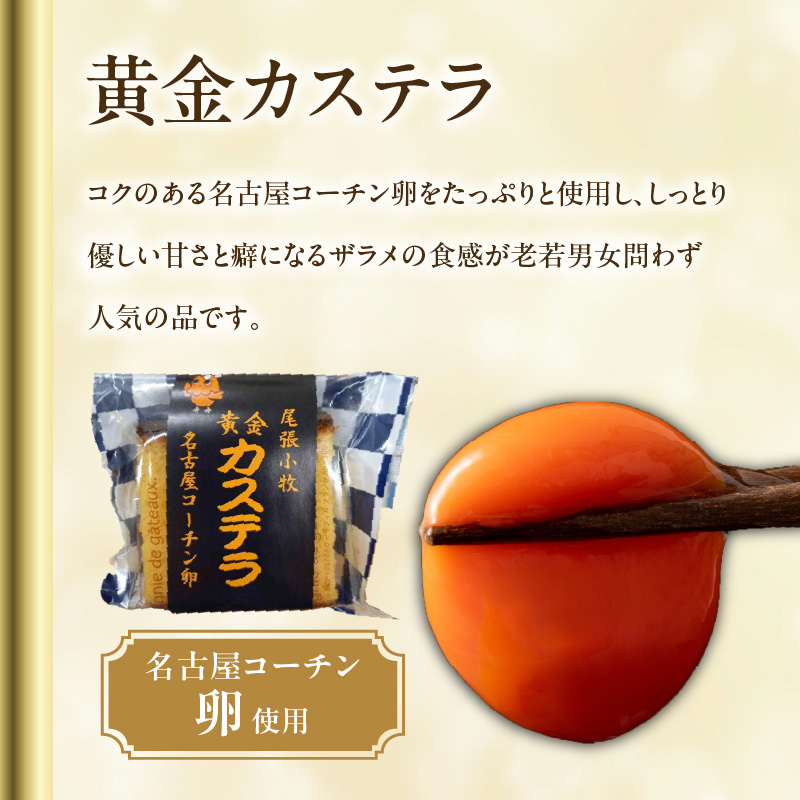 尾張小牧黄金カステラ（名古屋コーチンカステラ）と小牧山城バウムクーヘン（コーチン卵と和三盆糖使用）のセット