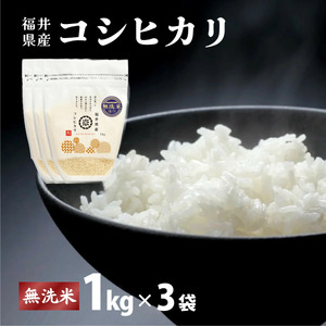 福井県産 コシヒカリ 無洗米 3kg（1kg×3）＜令和7年産 新米 / 数量限定 ＞【米 コメ お米 精米 白米 無洗米 玄米 ご飯 飯 こしひかり ブランド米 国産】[095-a313]