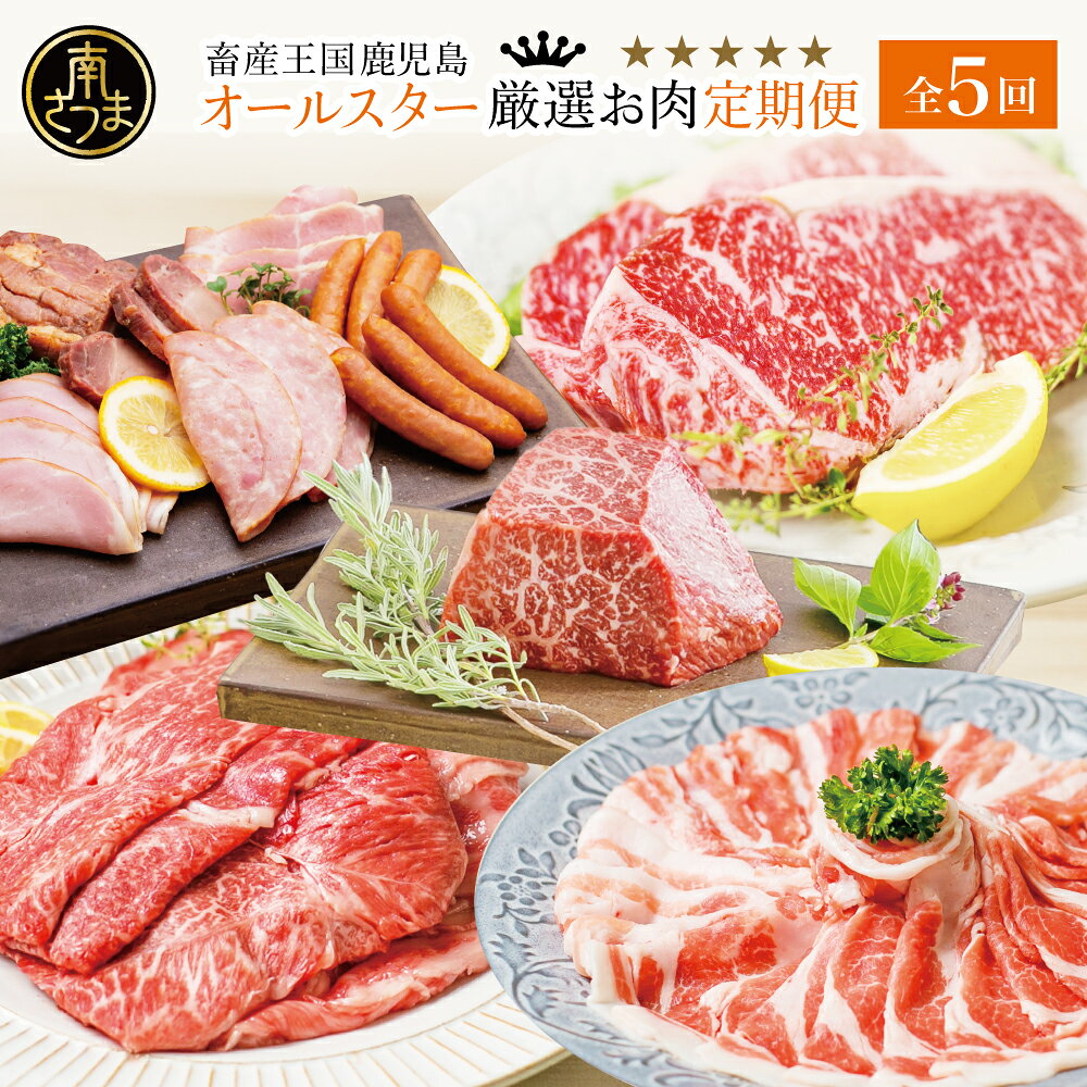【ふるさと納税】畜産王国・南さつま市のオールスター厳選お肉定期便「お試し版」(全5回)いろんなお肉をお楽しみいただけます！赤身ブロック/しゃぶしゃぶ/ステーキ/すき焼き/ハム/ソーセージ お肉 牛肉 豚肉 コワダヤ スターゼン 山野井 JA食肉かごしま カミチク 送料無料