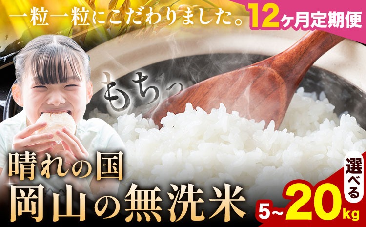 【12ヶ月定期便】晴れの国岡山の無洗米 選べる内容量 5kg 10kg 20kg 岡山県産 無洗米 無洗 米 矢掛町《申し込み翌月から発送》米 コメ---ofn_homtei_25_114000_mo12num1---