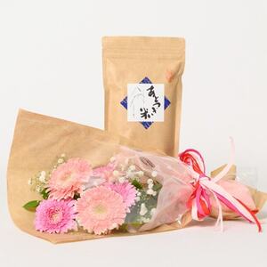 7月発送!同級生コンビでお届けするガーベラピンクブーケとおいしいお米のセット・お花長持ち栄養剤付き!【1708227】