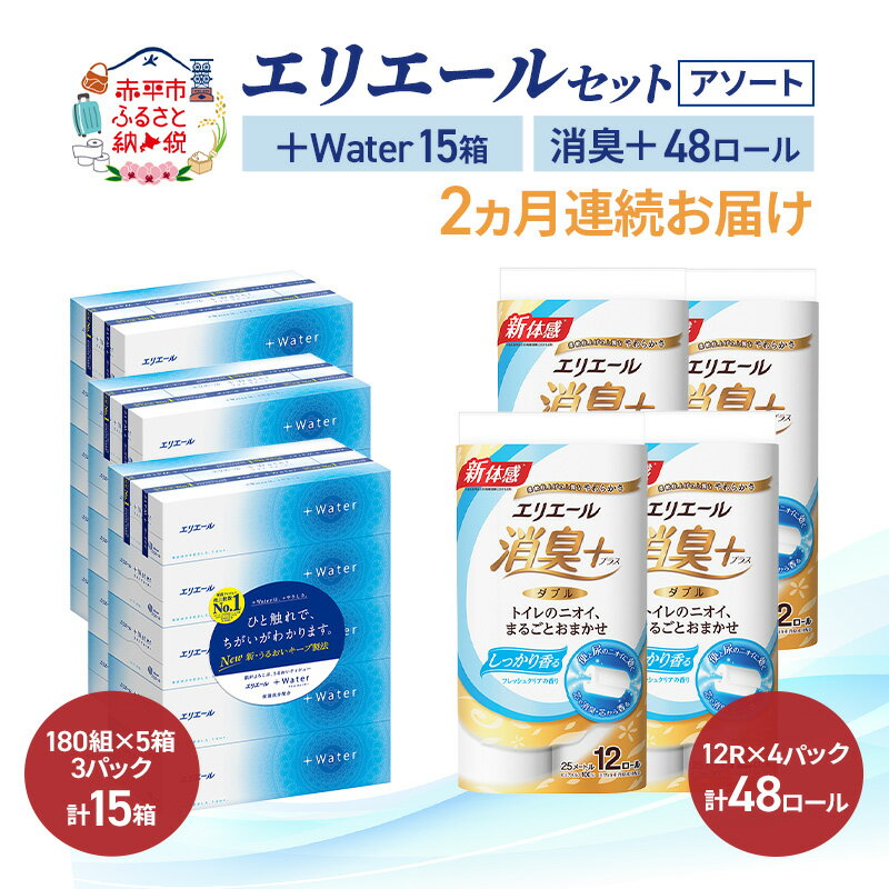 【ふるさと納税】定期便 2ヵ月連続お届け エリエール セット ＋Water 15箱 消臭＋ 48ロール〈アソート〉トイレットペーパー ティッシュ トイレ ボックスティッシュ まとめ買い ペーパー 紙 防災 常備品 備蓄品 消耗品 備蓄 日用品