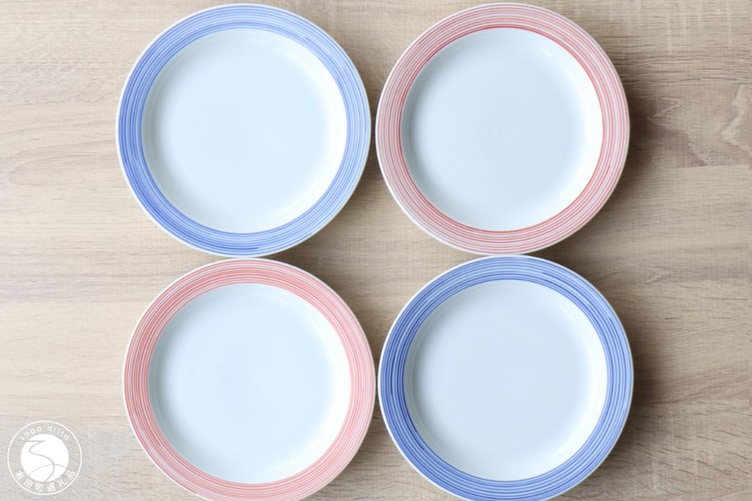 
A40-272 有田焼 Kururi 20cm plate Red&Blue 4枚組 山忠 お皿 食器 プレート 赤 青 取り皿 サラダ皿 リム皿
