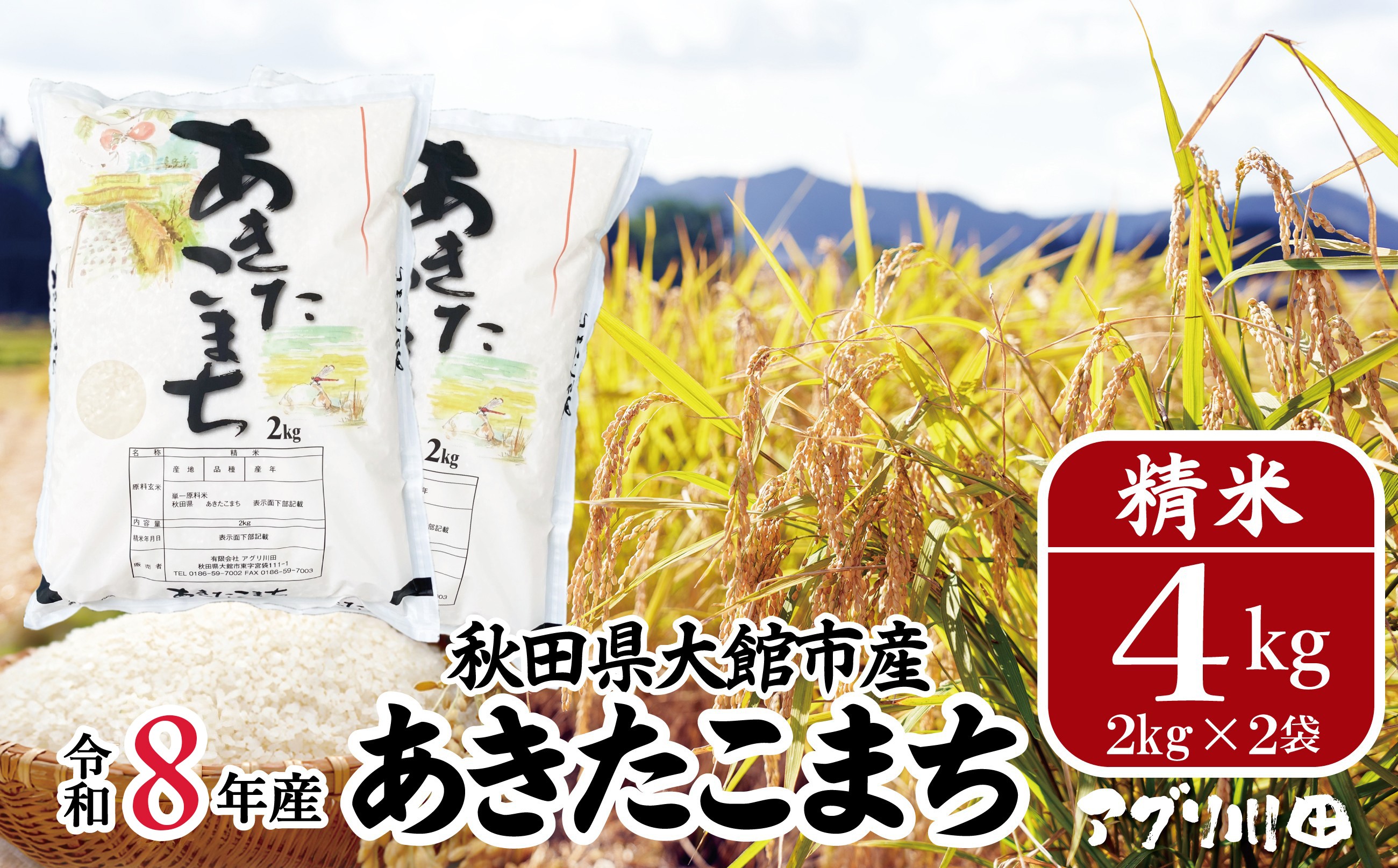 
                  【先行予約】【令和8年産】ホタルが舞う清らかな環境で育った「あきたこまち」4kg(2kg×2袋) 45P072001　/ 米 こめ コメ 精米 白米 4kg 2kg 2袋 小分け あきたこまち 弁当 おにぎり 秋田 東北 大館 大館市 アグリ川田 
                