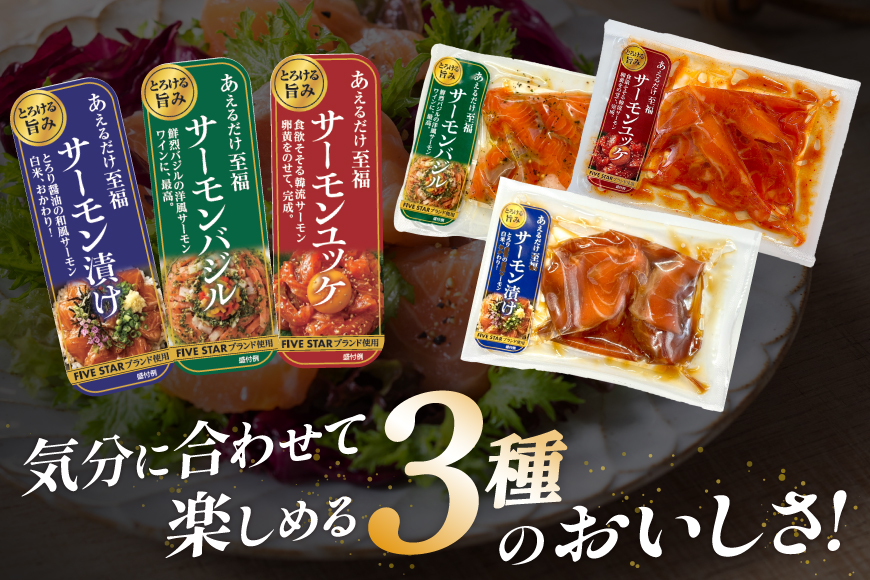 サーモン FIVE STAR ブランド サーモンユッケ サーモンバジル サーモン漬け 3種 セット 計6パック [カネダイ 宮城県 気仙沼市 20566152] 魚 魚介類 サーモン サーモントラウト