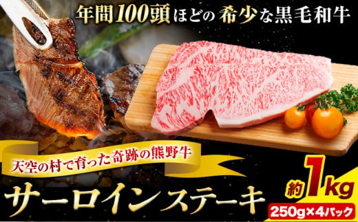 サーロインステーキ 黒毛和牛 牛 牛肉 ステーキ 約1000g 約250g×4パック 有限会社松牛《30日以内に出荷予定(土日祝除く)》 和歌山県 岩出市 希少 肉 牛肉 熊野牛 送料無料 サーロイン ステーキ