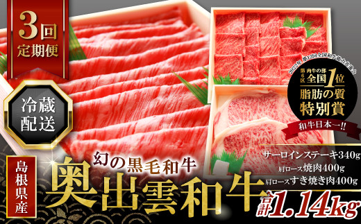 【冷蔵配送】奥出雲和牛いろいろ定期便3回【リッチ】（毎月15日お届け）【黒毛和牛 牛肉 ステーキ 焼肉】
