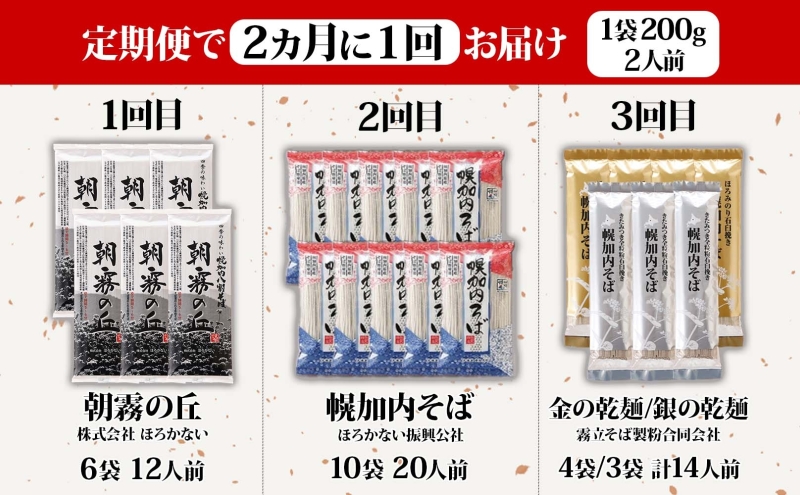 全3回 定期便 隔月お届け 幌加内そば ファミリー向け 食べ比べ そば ソバ 蕎麦 麺 ヘルシー 家族 名産 お蕎麦 乾麺 常備 そば粉 蕎麦湯 そば湯 香り高い コシ セット お取り寄せ グルメ 送