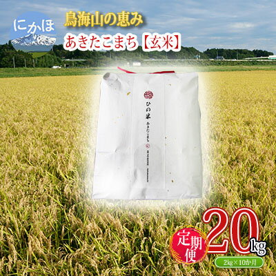 【ふるさと納税】《定期便》2kg×10ヶ月 鳥海山の恵み！秋田県産 あきたこまち ひの米（玄米）計20kg（2kg×10回連続）　 お米 美味しい 寒暖差 神宿る里の米 自然 無病息災 悪疫退散 ご利益 祝い