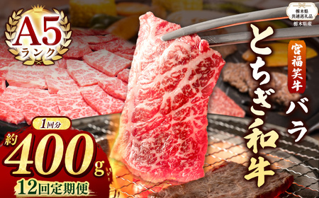 【栃木県共通返礼品】【定期便12回】宮福笑牛(とちぎ和牛) A5 バラ焼き肉 約400g  | 栃木県 下野市