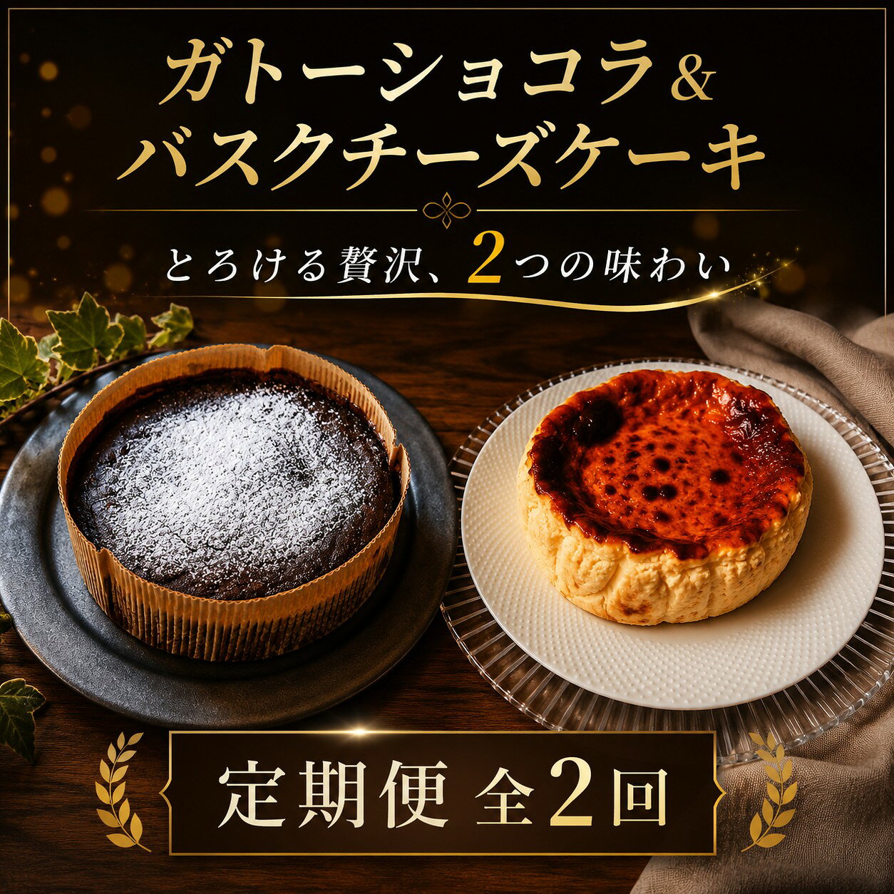【ふるさと納税】 濃厚 バスクチーズケーキ 生ガトーショコラ セット 2個 5号 （15cm程度） 定期便2回 濃厚 とろける 生 グルテンフリー クリームチーズ チーズケーキ チーズ ガトーショコラ チョコレート ワイン ラム酒 使用 卵 生クリーム バター お祝い 茨城 筑西 関東