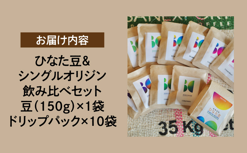 ひなた豆＆シングルオリジン飲み比べセット/豆150g×1袋・ドリップパック10袋【3106COFFEE&ROASTERY】コーヒー 珈琲 コーヒー豆 珈琲豆 豆 ドリップパック 自家焙煎 オリジナルブレンド スペシャルティコーヒー 飲み比べ セット ギフト