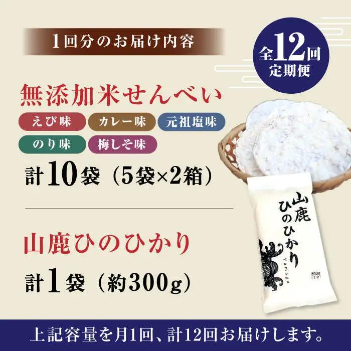 【12回定期便】【おつまみにも♪】米せんべい（えび味、カレー味、元祖塩味、のり味、梅しそ味）&amp; ヒノヒカリ【せんべい工房】[ZBQ016]