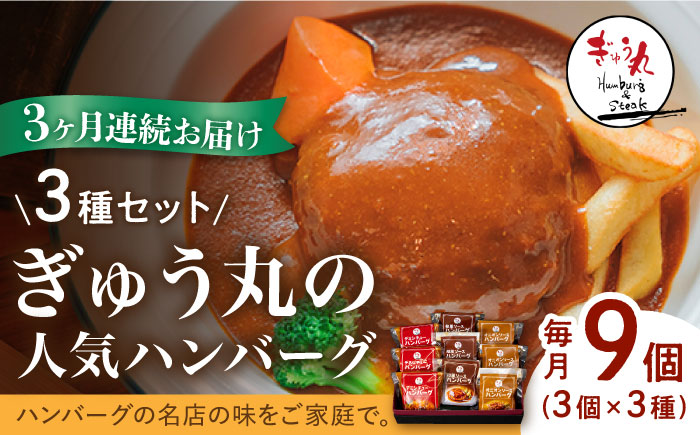 【3回定期便】〈メディア紹介多数〉ぎゅう丸の人気ハンバーグ 3種 バラエティ セット 総計27個【ぎゅう丸】 [NCQ101] ハンバーグ 名店 デミシチュー 和風 オニオン 食べくらべ ギフト
