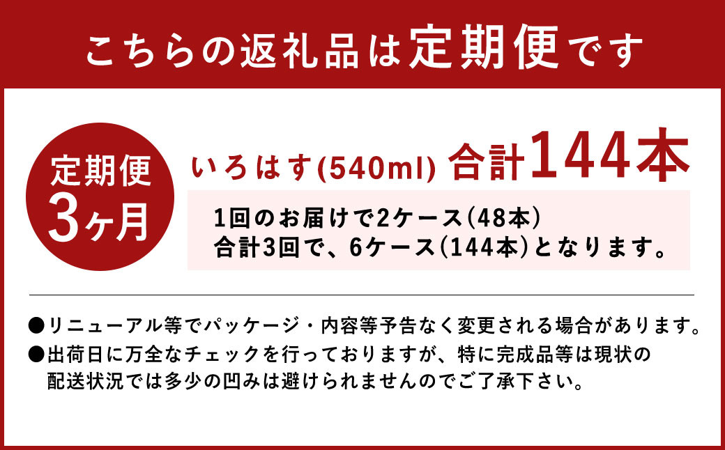 【定期便3ヶ月】 い・ろ・は・す（いろはす）阿蘇の天然水 540mlPET 計144本（24本×2ケース×3回）