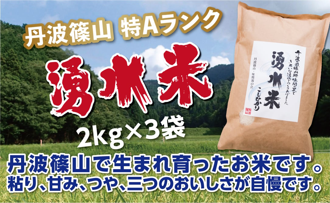 
            令和６年産　丹波篠山産　特Aランク　湧水米（わきみずまい）2ｋｇ×3袋
          