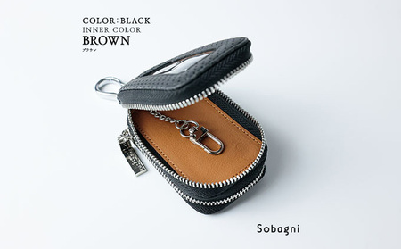 エシカルレザーSobagni スマート キーケース ダブル 雑貨 小物 シンプル スッキリ 水や汚れに強い 傷に強い お手入れ不要 高耐久 丈夫 長持ち  ブラック