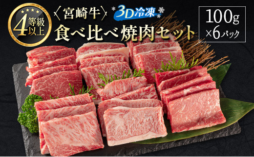 
＜3D冷凍＞宮崎牛 食べ比べ 焼肉 セット(100g×6種類) 4等級 A4ランク 牛肉 ブランド【C349-24-30】
