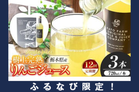 【ふるなび限定】【定期便12回】栃木県矢板市産 樹上完熟100％りんごジュース 720ml×3本入  | 林檎 リンゴ 果汁100% 産地直送 (毎月お届け） FN-Limited-PR